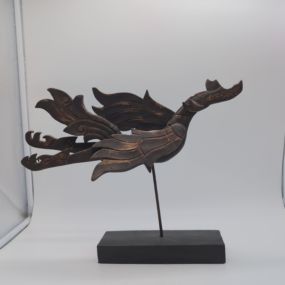 Thailand Carved Dragon/ Phoenix Flying Dewi Sculpture - Picture 2 of 6